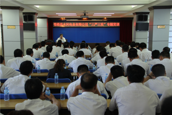 6月5日，蒼梧縣水利電業(yè)有限公司開(kāi)展 &ldquo;三嚴(yán)三實(shí)&rdquo;專題教育黨課暨黨風(fēng)廉政教育培訓(xùn)，黨課邀請(qǐng)蒼梧縣人民檢察副檢察長(zhǎng)莫孔文為